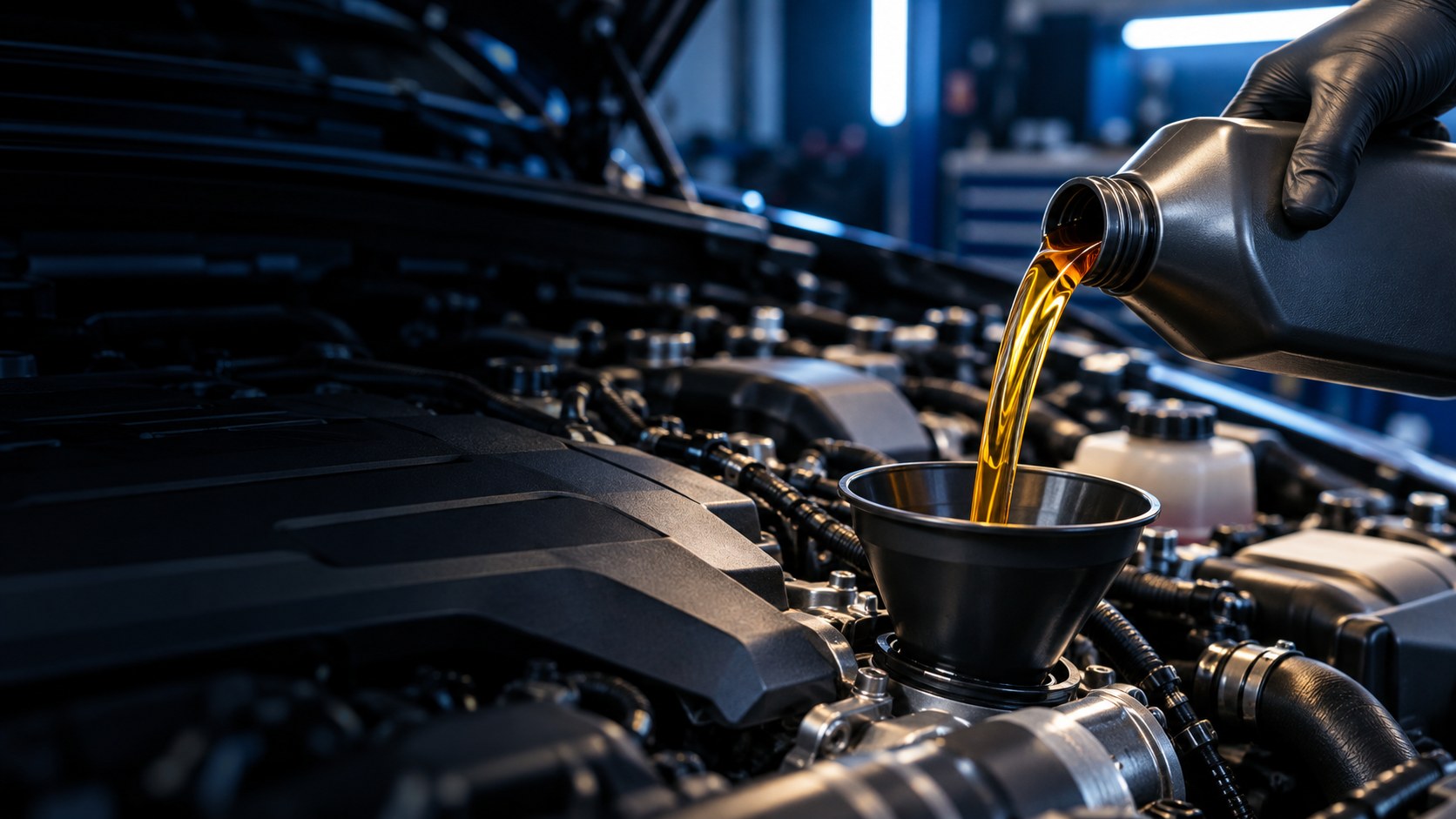 Illustrative close-up of fresh oil being poured into a car engine